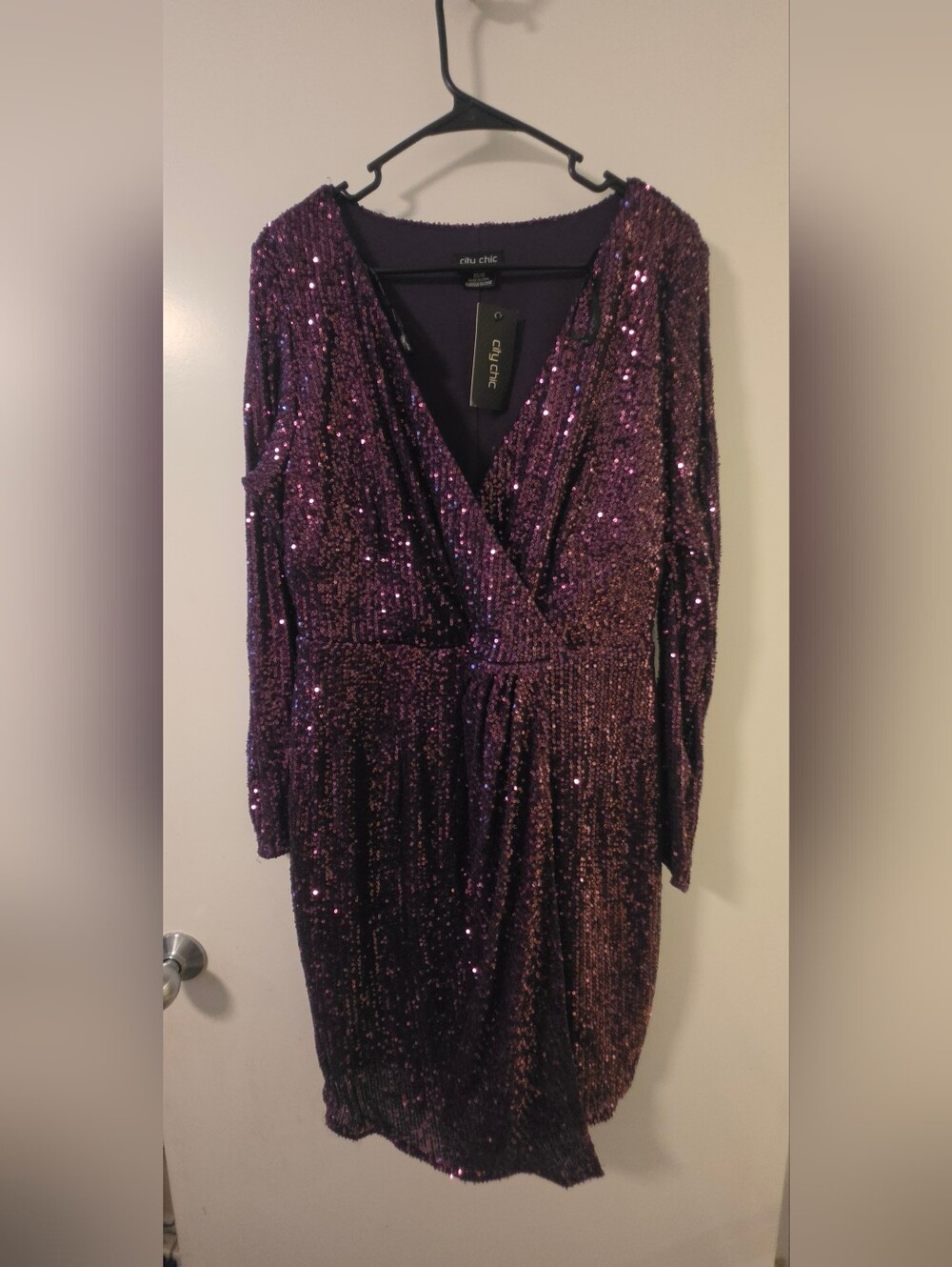 NWT! City Chic Violet Sequin Wrap-Front Long Sleeve Dress Razzle - XS/14